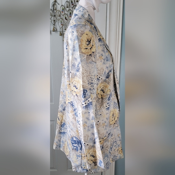 Vintage 80's Oversized Blazer Women's 12 Cream Blue & Yellow Floral Lightweight - Picture 4 of 12